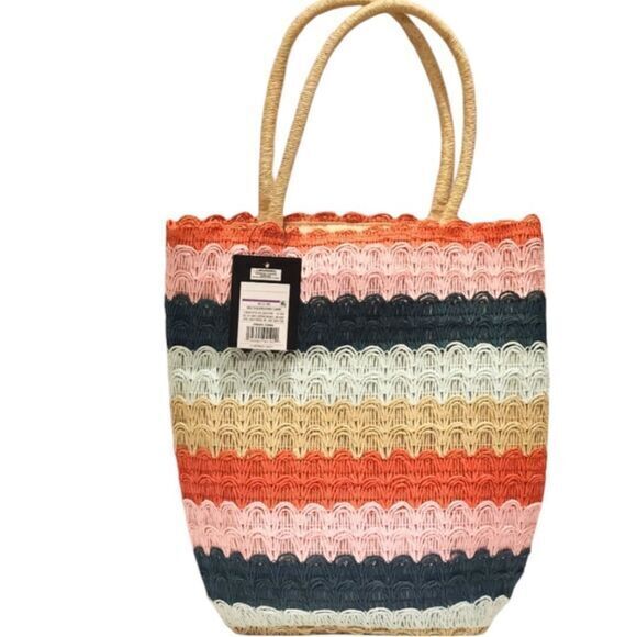 Art Class Multi-Colored Striped Womens Straw Beach Tote Shoulder Bag Purse - Picture 2 of 8